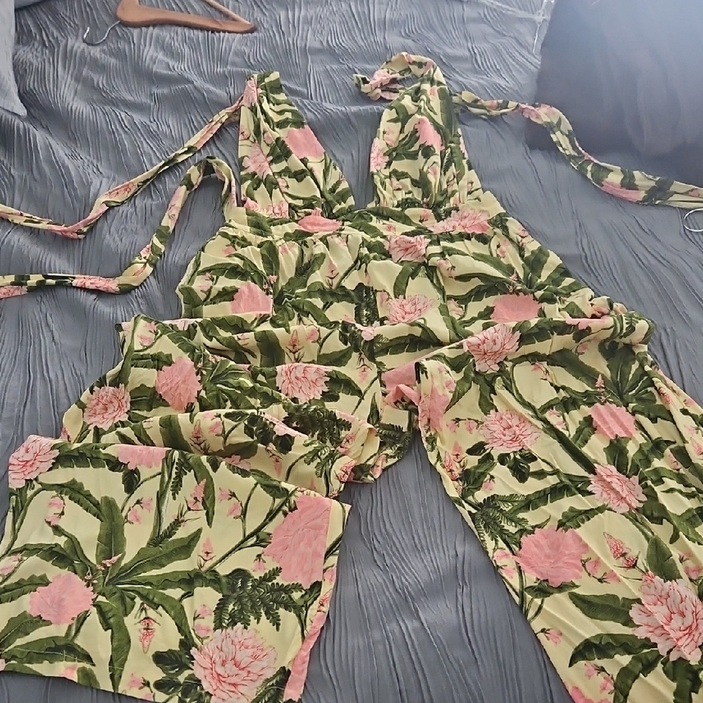 Agua Bendita Pink and Green Floral Jumpsuit
